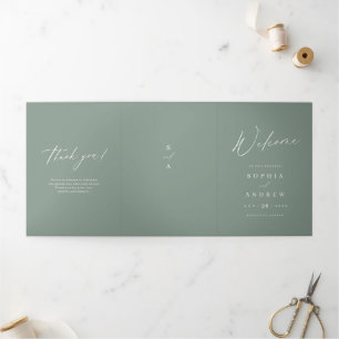 Programa Tríptico Boda minimalista de guión moderno en verde salvia