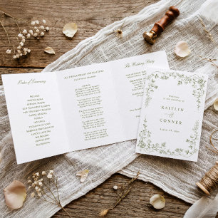 Programa Tríptico Boda Vintage Floral Francés Verde Oliva Toile
