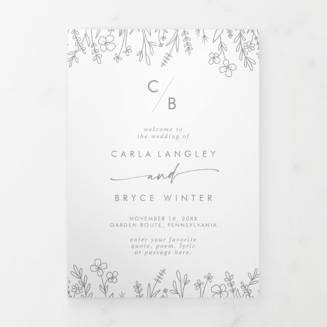 Programa Tríptico Boho Chic Gray Wildflower Monogram Wedding (Foto de portada)
