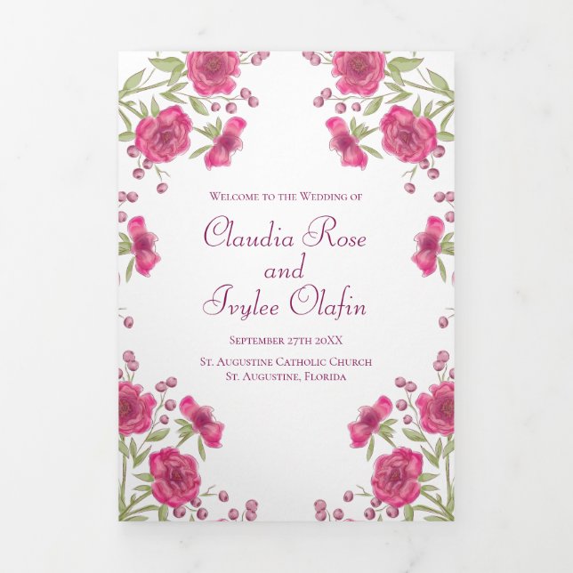 Programa Tríptico Bright Pink Rose Wedding Programs (Foto de portada)