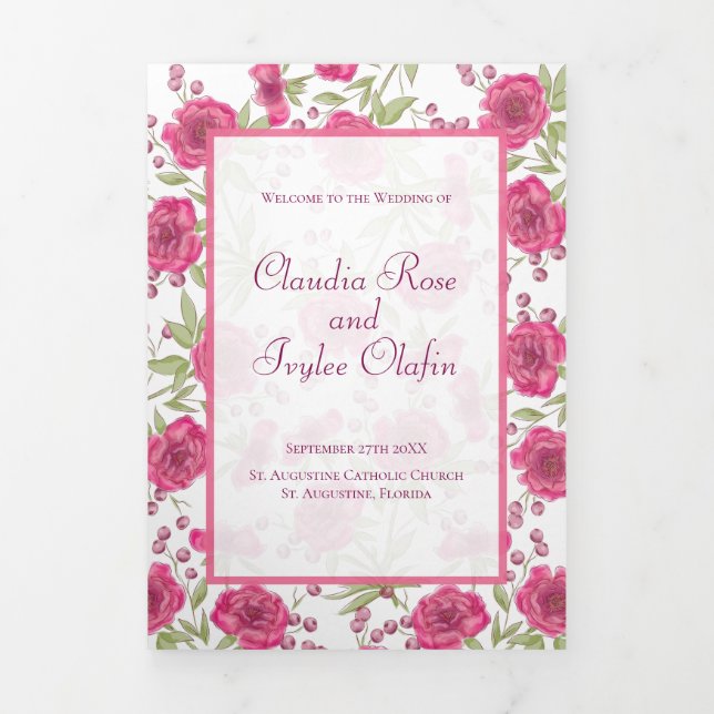 Programa Tríptico Bright Pink Rose Wedding Programs (Foto de portada)