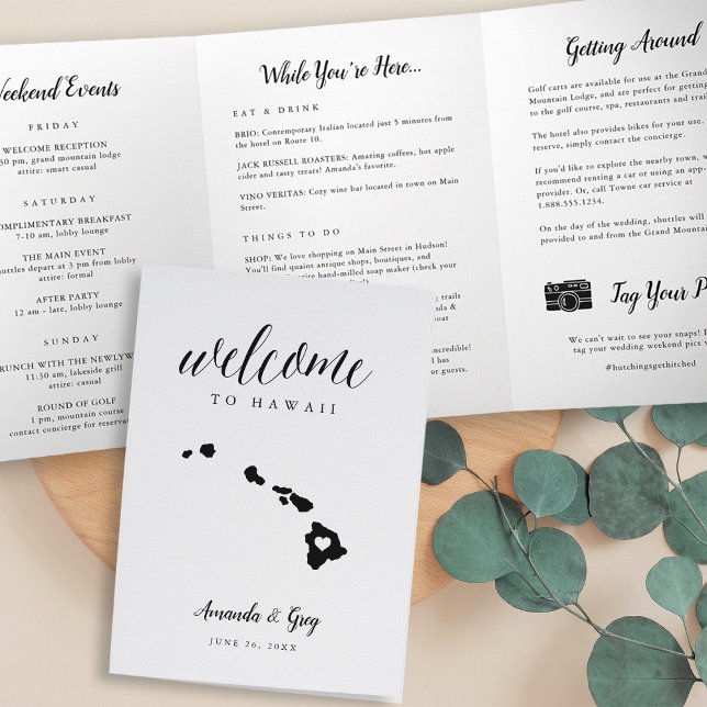 Programa Tríptico Carta de bienvenida de Boda hawaiano e tinerario (Subido por el creador)