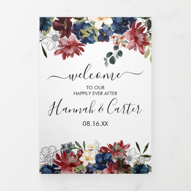 Programa Tríptico Carta de bienvenida y itinerario de boda en azul m (Foto de portada)