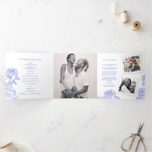 Programa Tríptico Crisantemo dibujo de flores azules blancas