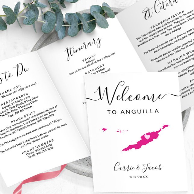 Programa Tríptico Cualquier color Anguila Boda Bag Bienvenido Itiner (Anguilla Wedding Welcome Bag Trifold Card & Itinerary)