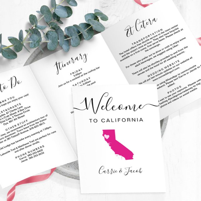 Programa Tríptico Cualquier color Boda californiano bienvenido itine (California Welcome Letter & Itinerary)