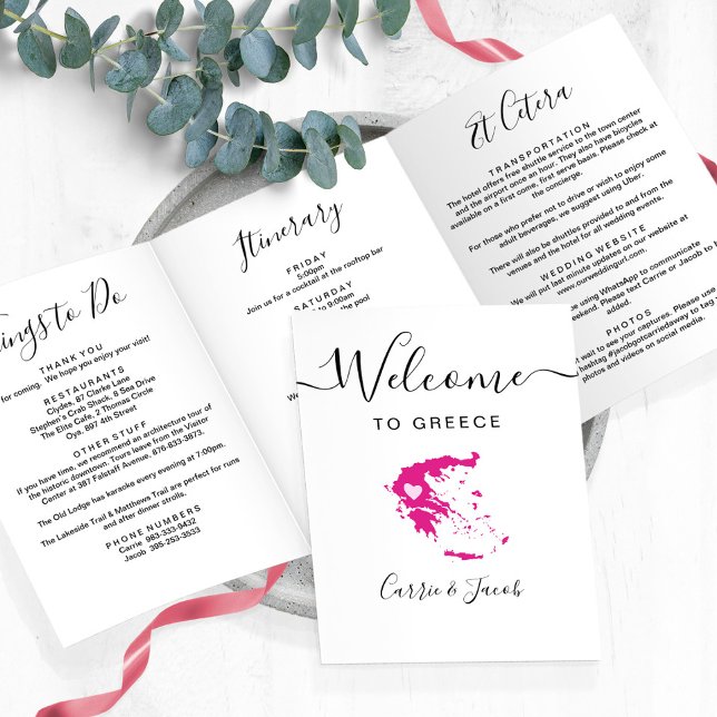 Programa Tríptico Cualquier color Grecia Boda Bag de bienvenida Itin (Greece Wedding Welcome Letter.& Itinerary)
