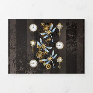 Programa Tríptico Dragoniscos de Steampunk sobre fondo rayado marrón