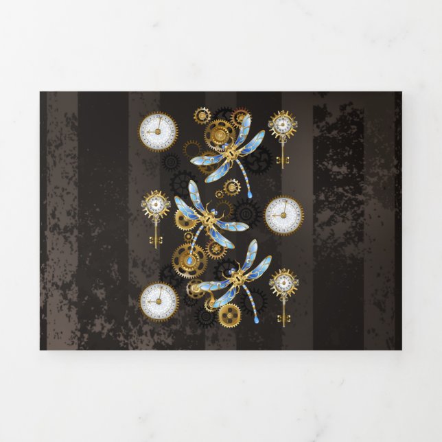 Programa Tríptico Dragoniscos de Steampunk sobre fondo rayado marrón (Foto de portada)