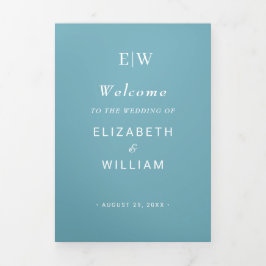 Programa Tríptico Elegante azul retro simple con Boda monograma