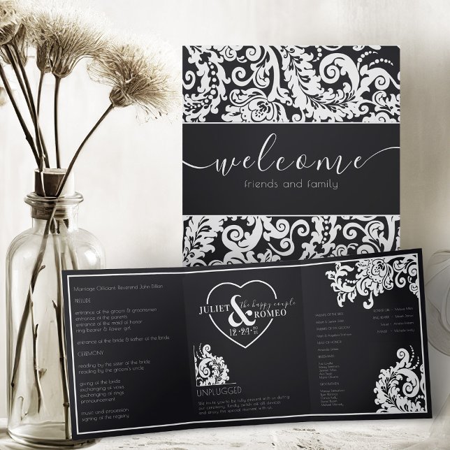 Programa Tríptico Elegante Boda de Damasco Blanco Y Negro Desenchufa (elegant black and white classic  floral damask unplugged trifold wedding program)