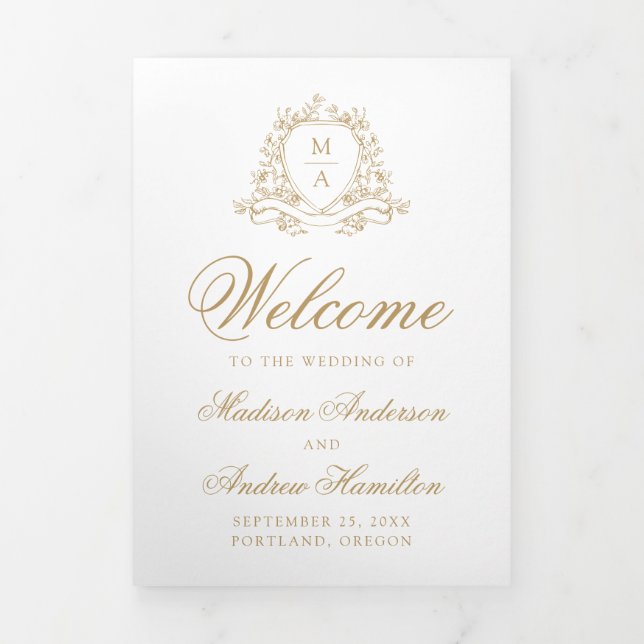 Programa Tríptico Elegante Cresta Floral Dorada Monograma Boda (Foto de portada)