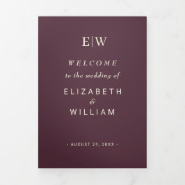 Programa Tríptico Elegante Laca Sencilla de Cerezo, Boda de Monogram