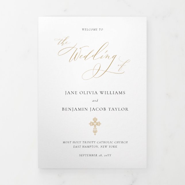 Programa Tríptico Elegante Misa de Boda Católica en Oro (Foto de portada)