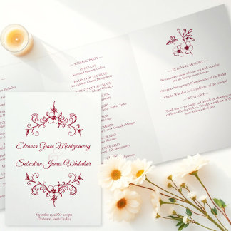 Programa Tríptico Elegante Romance de época Borgoña Boda Floral