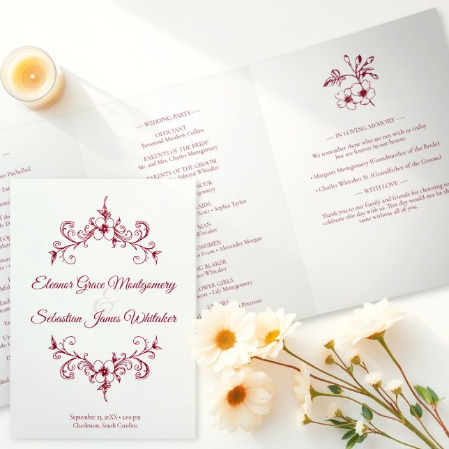 Programa Tríptico Elegante Romance de época Borgoña Boda Floral (Subido por el creador)