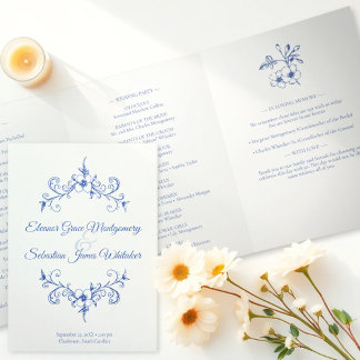 Programa Tríptico Elegante Romance de época Dusty Blue Floral Boda