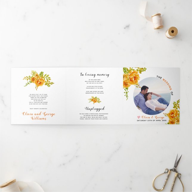 Programa Tríptico flores acuarelas naranjas hojas verdes, foto (Exterior)