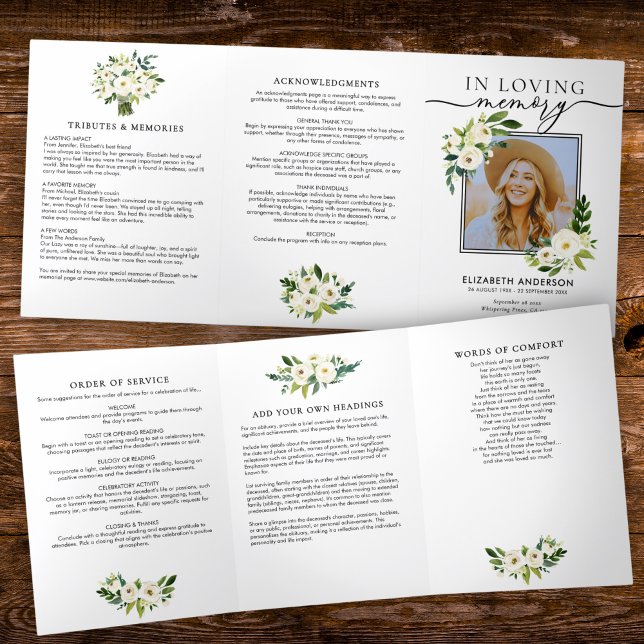 Programa Tríptico Flores de Acuarela Blanca y Foto Funeral/Recuerdo (Subido por el creador)