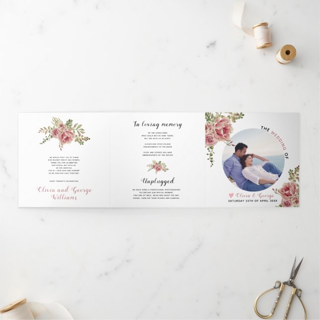 Programa Tríptico Flores de acuarela rosa turbias hojas verdes, foto (Exterior)