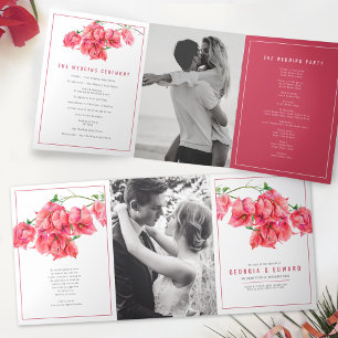 Programa Tríptico Flores rojas buganvillas boda acuarela