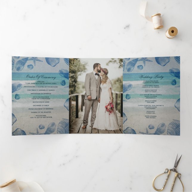 Programa Tríptico Foto Rustic Blue Seashells Beach Wedding (Interior)