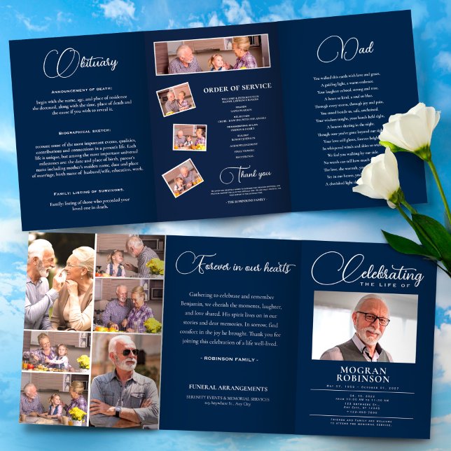 Programa Tríptico Funeral de fotos de la celebración azul de la mari (Elegant Funeral Program Template Foldable – Celebration of Life,Obituary,Photo Collage, Order)
