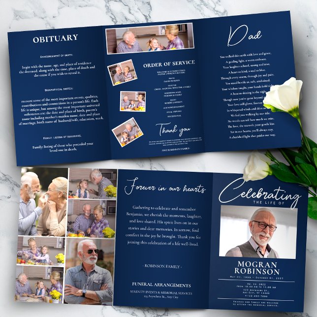 Programa Tríptico Funeral de fotos de la celebración azul de la mari (Navy Blue Celebration of Life Photo Funeral Tri-Fold Programme)