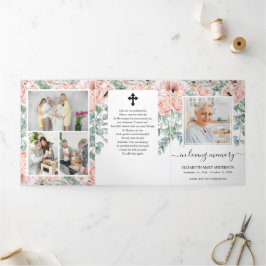 Programa Tríptico Funeral floral conmemorativo de color de agua rosa