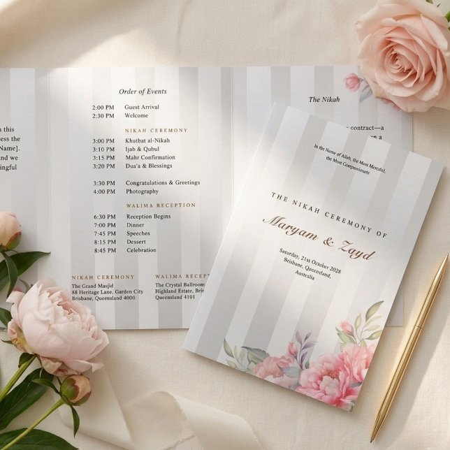 Programa Tríptico Islamic Nikah Wedding | Blush Peony Grey Stripe (Subido por el creador)
