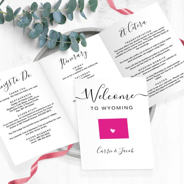 Programa Tríptico Itinerario de bienvenida de cualquier Boda de mapa (Wyoming Wedding Welcome Letter & Itinerary)