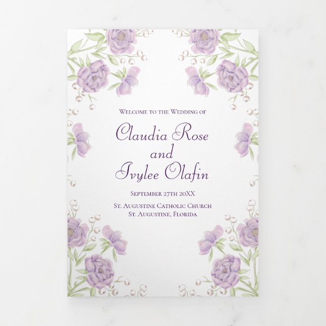 Programa Tríptico Lavender Purple Rose Wedding Programs (Foto de portada)