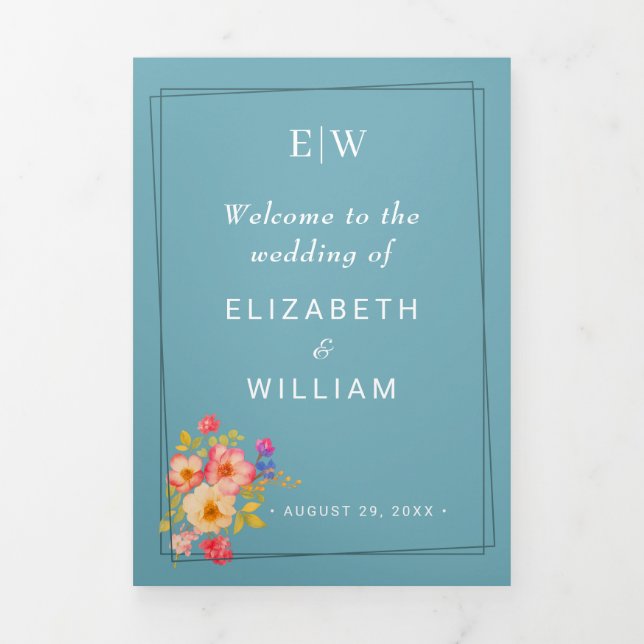 Programa Tríptico Marco con Rosas, estilo Boda sobre azul retro (Foto de portada)