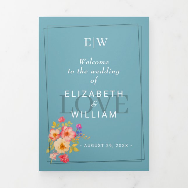 Programa Tríptico Marco con Rosas, estilo Boda sobre azul retro (Foto de portada)