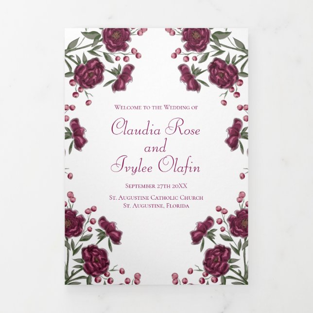 Programa Tríptico Maroon Rose Wedding Programs (Foto de portada)