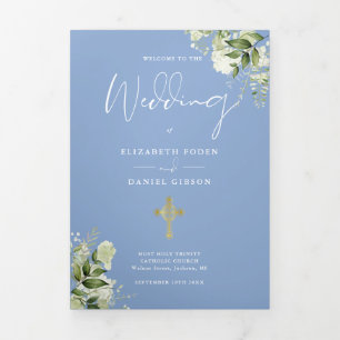 Programa Tríptico Misa de Boda Católica Floral Azul Verdor