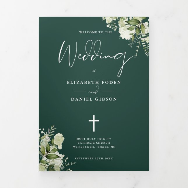 Programa Tríptico Misa de Boda Católica Floral Esmeralda Verde (Foto de portada)