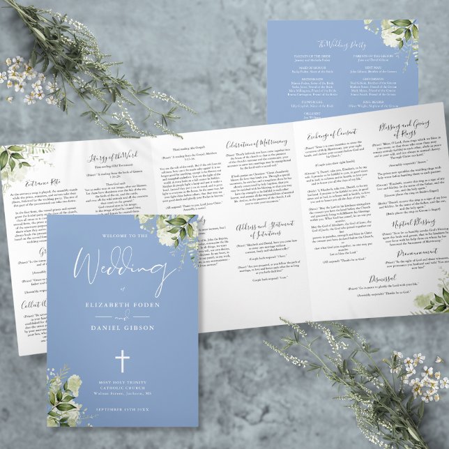 Programa Tríptico Misa de Boda Católica Floral Verde Azul (Greenery Floral Blue Catholic Wedding Mass Tri-Fold Program
)