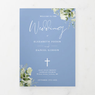 Programa Tríptico Misa de Boda Católica Floral Verde Azul