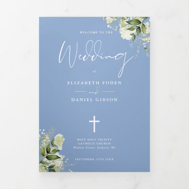 Programa Tríptico Misa de Boda Católica Floral Verde Azul (Foto de portada)