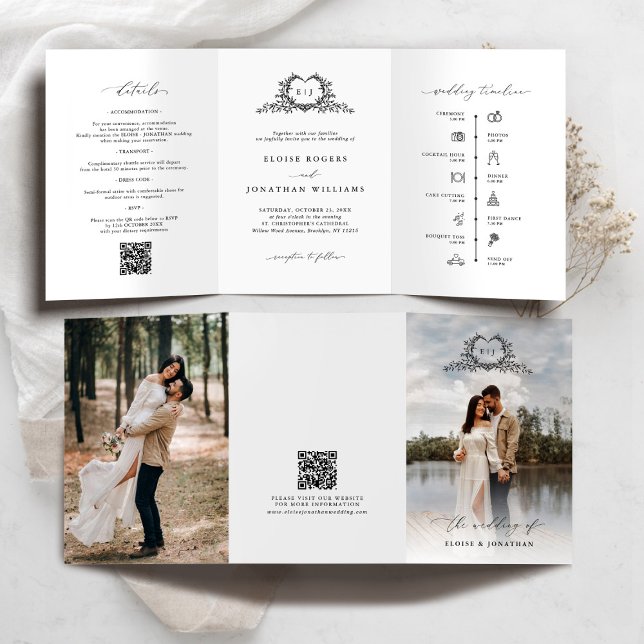 Programa Tríptico Modern Minimalist Crest monogram Wedding Invite (Modern Minimalist Crest monogram tri fold photo Wedding Invite / announcement with QR code timeline)