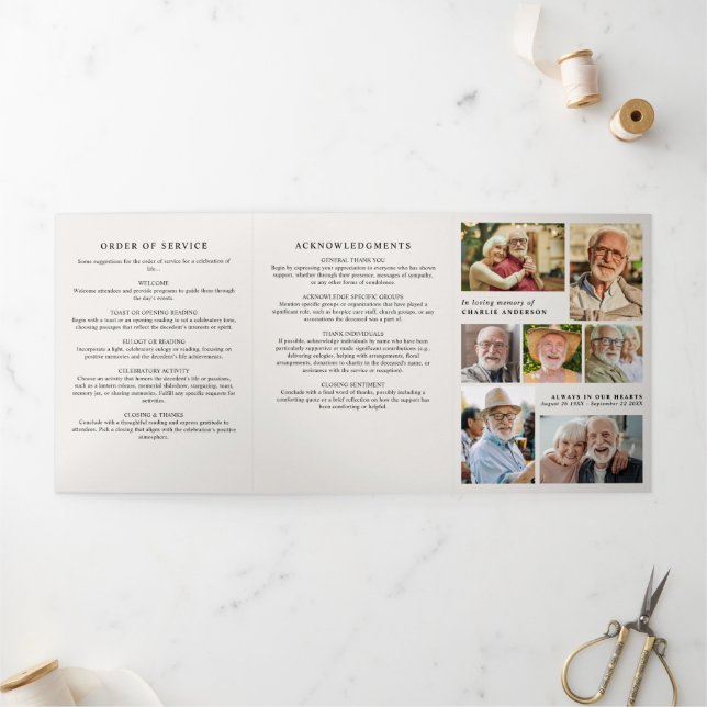 Programa Tríptico Modern Script 8-Photo Funeral/Memorial (Exterior)