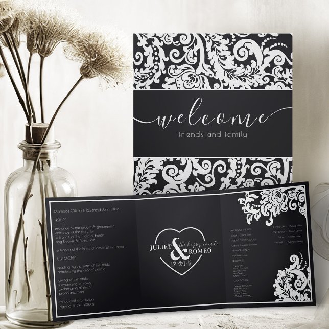 Programa Tríptico Moderna Boda elegante de Damasco floral blanco bla (elegant black and white floral damasic classic trifold wedding program)