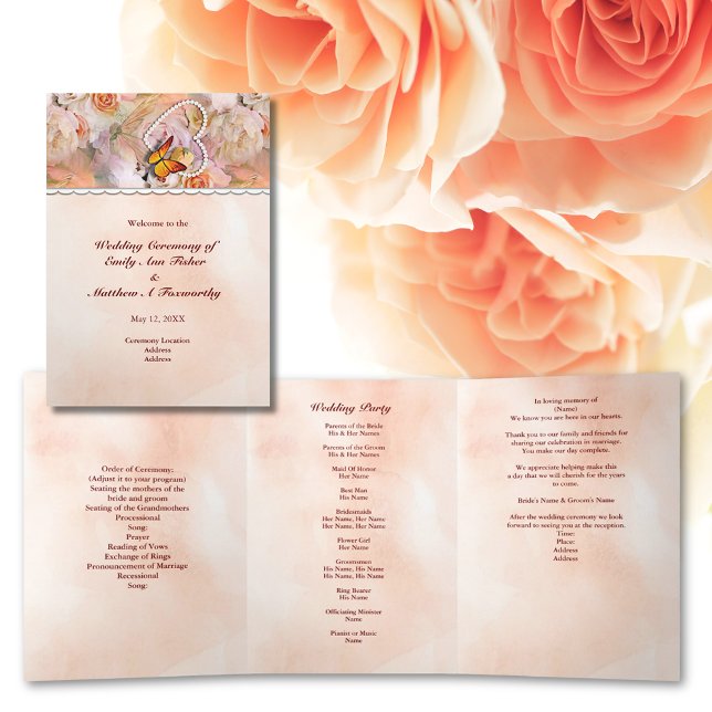 Programa Tríptico Naranja Floral de Pearl Heart Boda de Mariposa Flo (Pearl Heart Floral Orange Floral Butterfly Wedding Tri-Fold Program)
