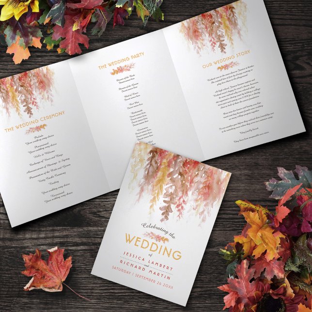 Programa Tríptico Naranja rojo coral boda otoño marrón otoño (Subido por el creador)