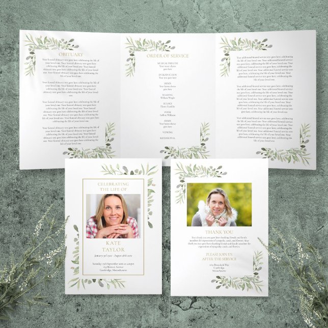 Programa Tríptico Orden de Servicio Verde Funeral Memorial (Order Of Service Greenery Funeral Memorial Tri-Fold Program)