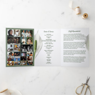 Programa Tríptico Peace Lily Photo Collage Tri‑Fold Funeral Template