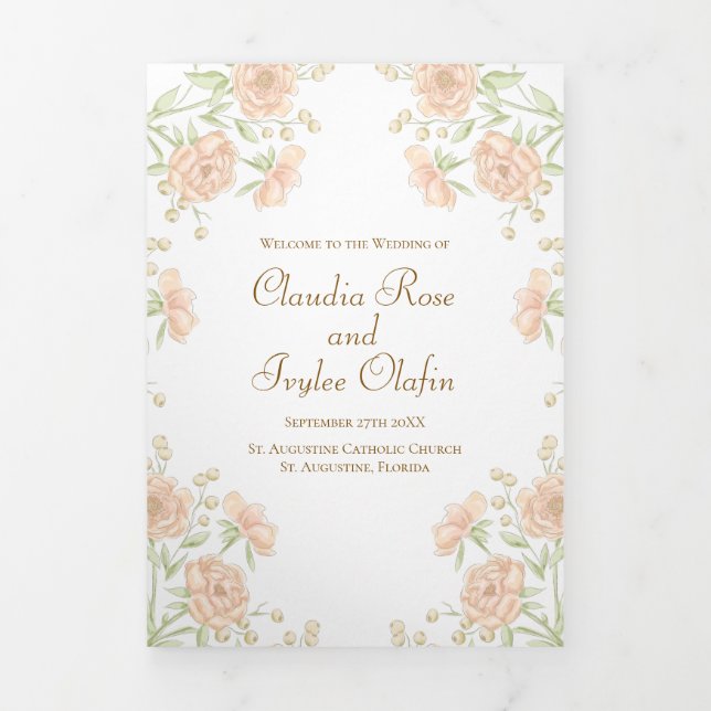 Programa Tríptico Peach Rose Wedding Programs (Foto de portada)
