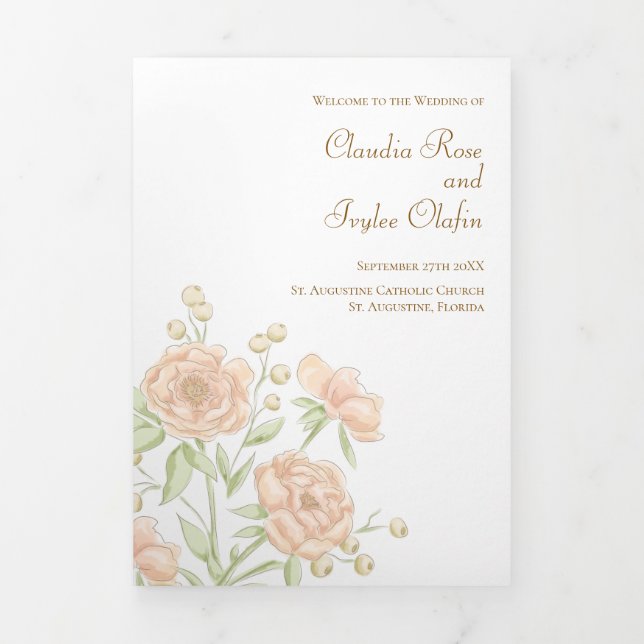 Programa Tríptico Peach Rose Wedding Programs (Foto de portada)