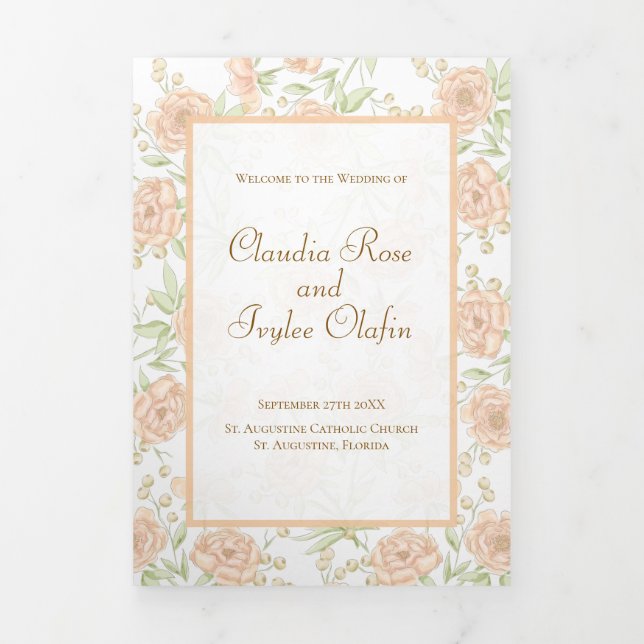 Programa Tríptico Peach Rose Wedding Programs (Foto de portada)